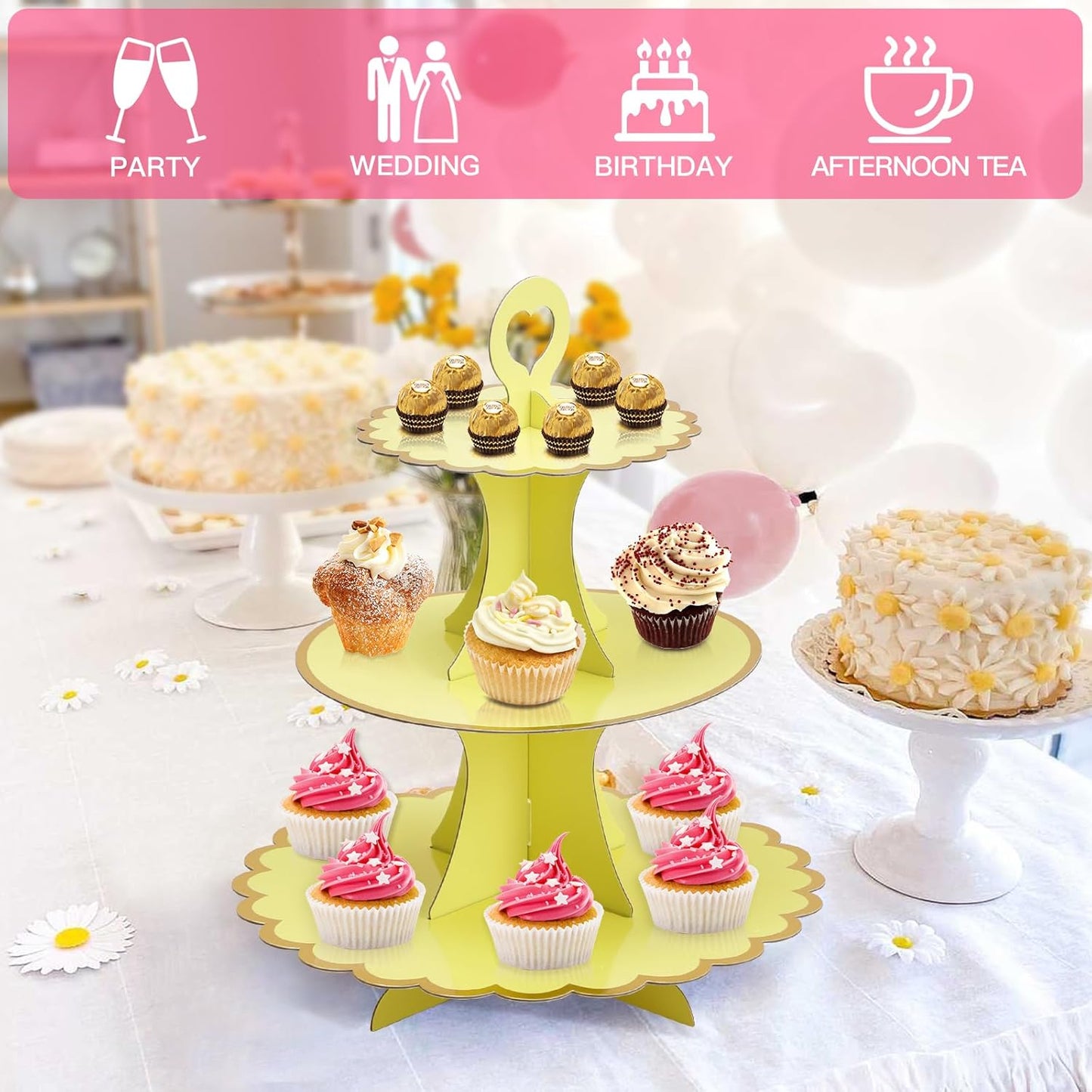 Soleebee 3-Tier Cupcake Stand, Cardboard Cupcake Tower, Cup Cake Stand Tower for Birthday Wedding Party Decoration, Cupcake Tier Stand Desserts Display 1 Set (Purple Gold)