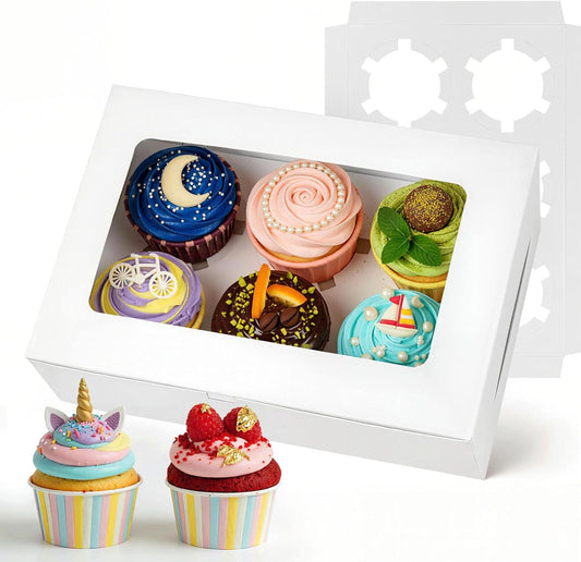 VGOODALL 6PCS White Cupcake Boxes, 6 Count Cupcake Containers with Window Holding 36 Pastry Box for Birthday Holiday Party Bakery Supplies
