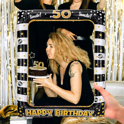 Andiker 40th Inflatable Birthday Selfie Frame, Black Gold Photo Booth Props Funny Picture Frame for Party Decorations