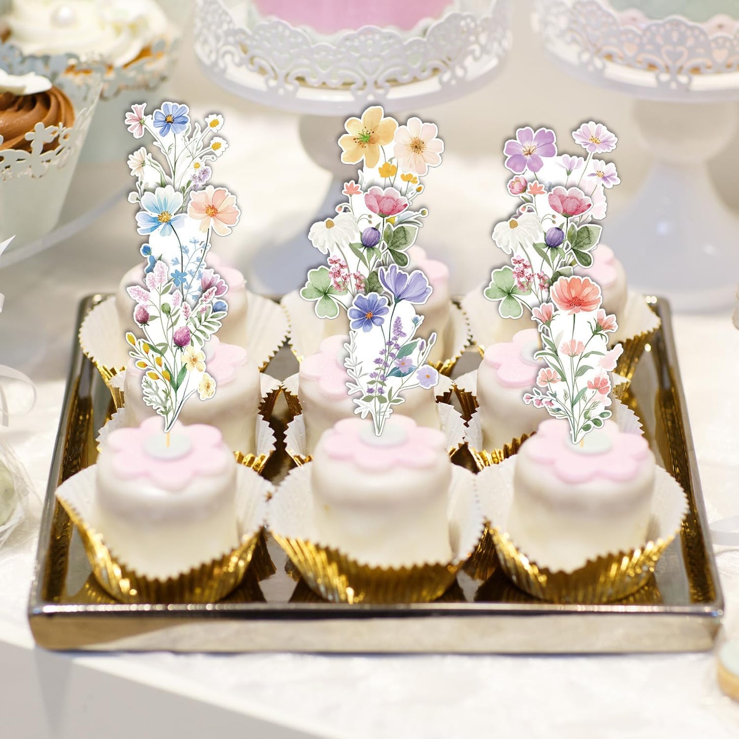 Rngmsi Flower Birthday Cupcake Toppers Decorations, 40PCS Wildflower Baby in Bloom Baby Shower Cake Decorations for Girls Women, Garden Floral Fairy Party Decor