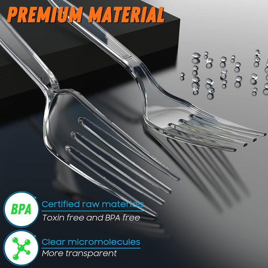 360 Count Plastic Silver Ware Heavy Duty, 120 Forks, 120 Spoons, 120 Knives, Heat Resistant & BPA Free Disposable SilverWare, Disposable Cutlery set, Premium Clear Utencils for Party Supply
