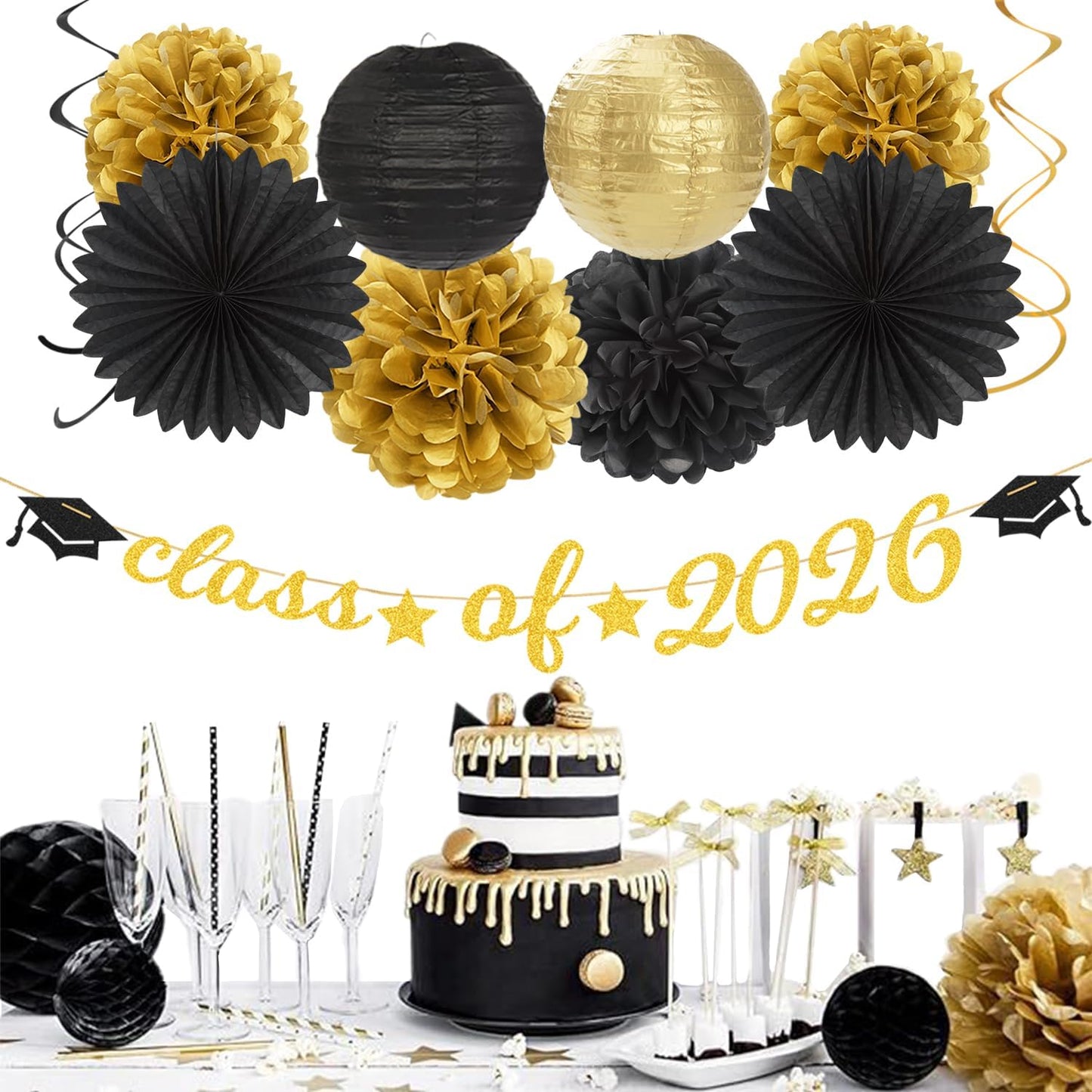 2026 Blue Class-Congratulations Prom Graduation Party-Decorations - 22pcs High School College Grad Supplies Decor,Royal Navy White Silver Tissue Pom Poms Streamers, Paper Flowers Lanterns Hugmoon