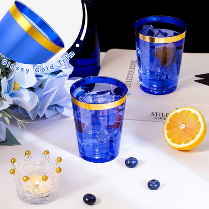 supernal 100pcs Gold Plastic Cups 12 oz, Glitter Clear Disposable Cups Heavy Duty, Fancy Plastic Cocktail Tumblers for Wedding, Parties Champagne & Mixed Drinks