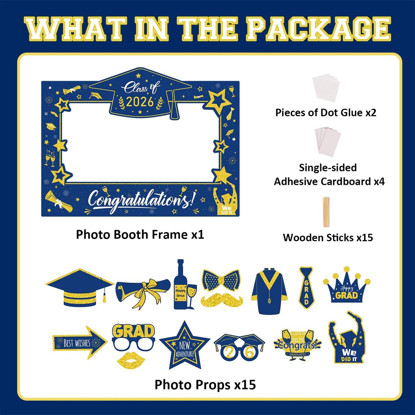 Graduation Decorations Class of 2026 Photo Booth Props - Blue and Gold 2026 Graduation Frame & Photo Props Congrats Grad Class of 2026 Decor for Graduation Party Supplies