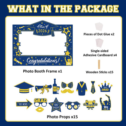 Graduation Decorations Class of 2026 Photo Booth Props - Blue and Gold 2026 Graduation Frame & Photo Props Congrats Grad Class of 2026 Decor for Graduation Party Supplies