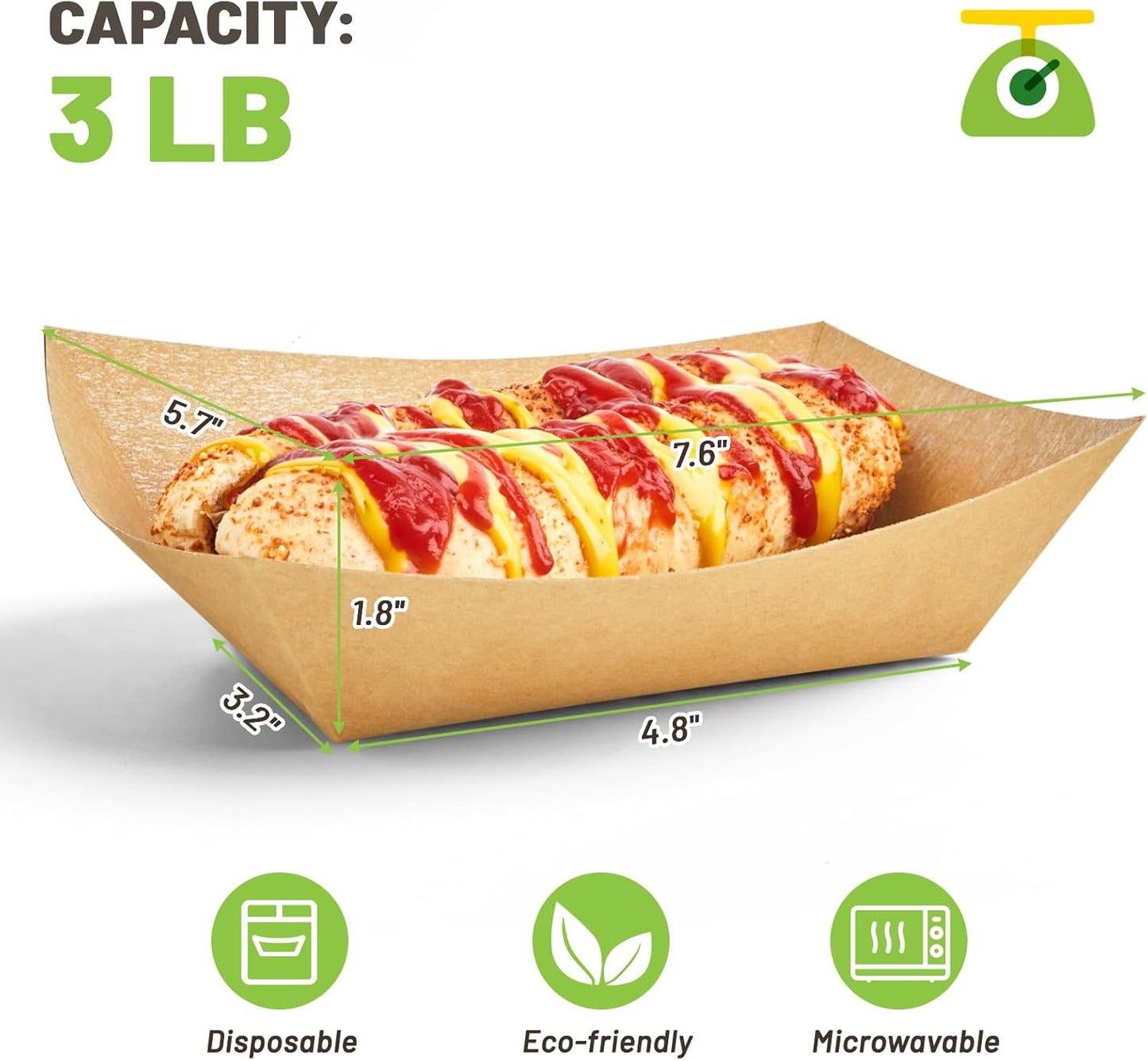 ZORRITA 3 Lb Paper Food Trays - 50 Pack Disposable Nacho Trays, Kraft Paper Food Boats Taco Holders Party Serving Baskets for Hot Dogs Snacks Tacos Fries
