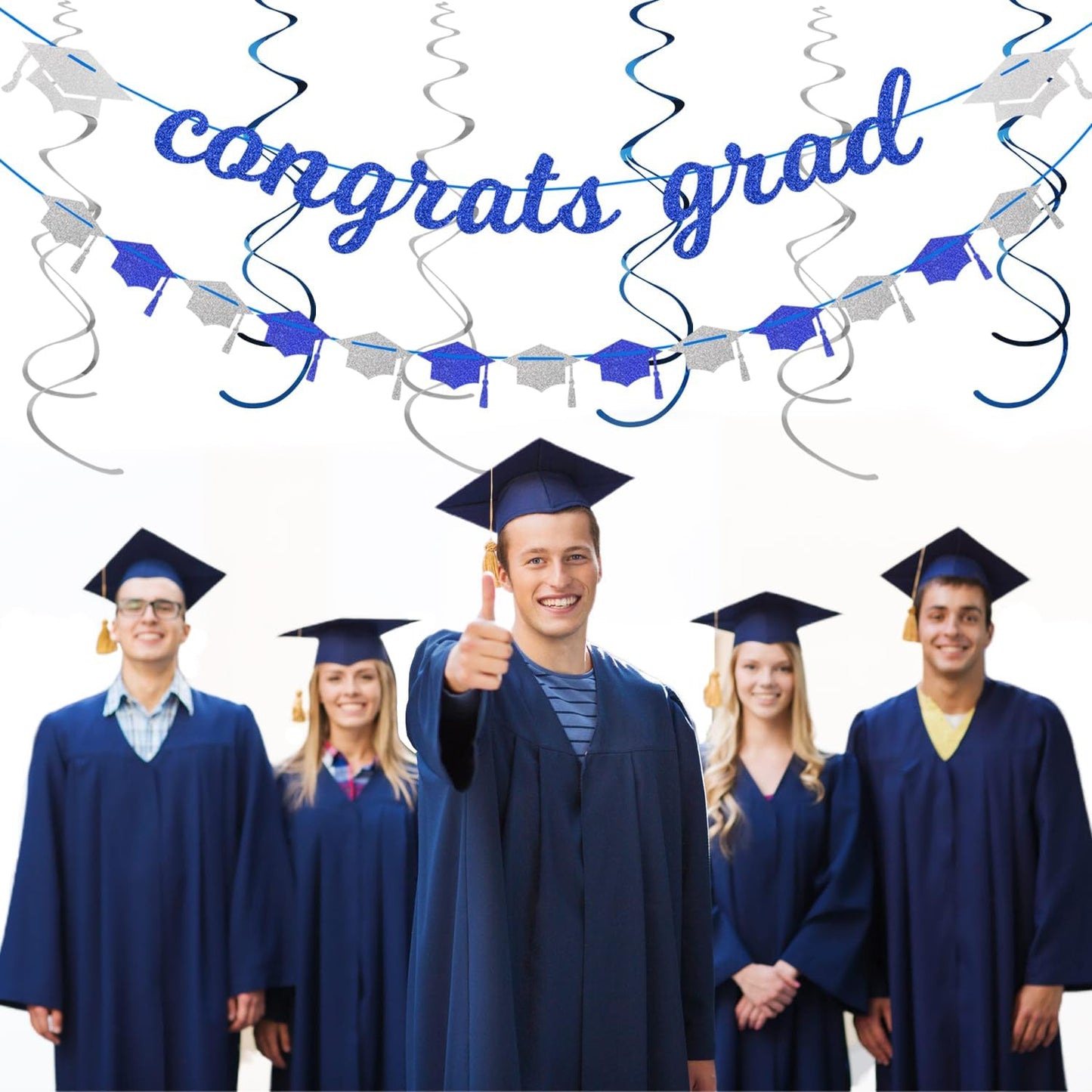 Navy-Blue White Silver Tissue Pom-Poms - 15pcs 5 Size Party Decorations Paper Flowers,Graduation Wedding Baby Bridal Shower Room Hanging Decorations Boy Birthday Party Backdrop Decor Panduola