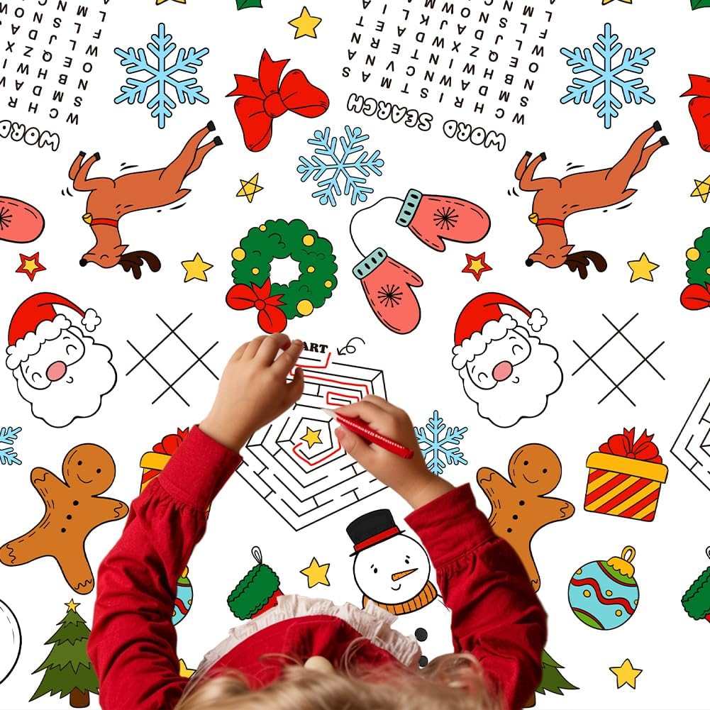 Labeol 1 Pack Christmas Tablecloth, 108"x 54" Christmas Coloring Tablecloth for Kids, Santa Claus Snowman Reindeer Maze Color-in Paper Table Cover for Winter Party Arts and Crafts