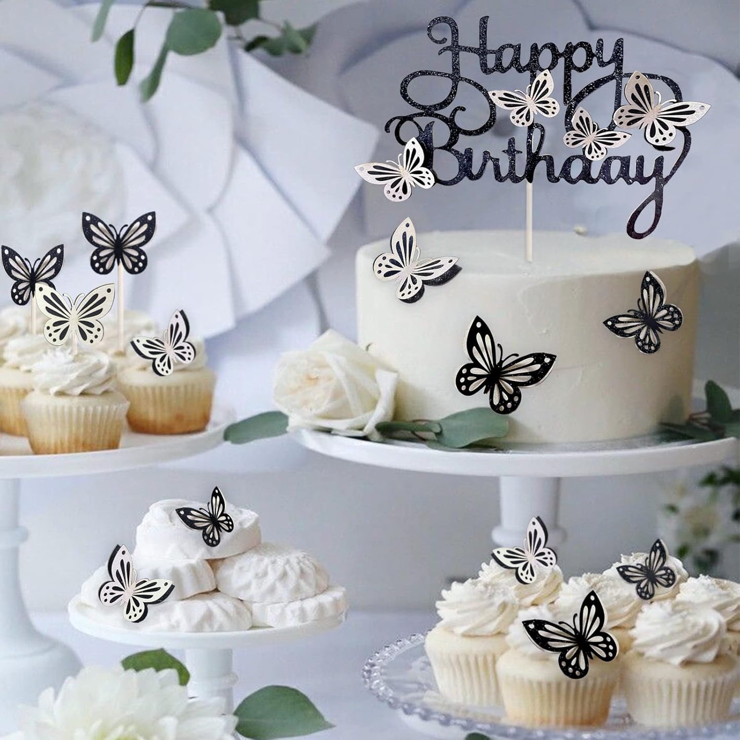 13-Pieces 3D Butterfly Cupcake Topper for Girls Women's Happy Birthday Cake Decorations Party Decorations(Pink)