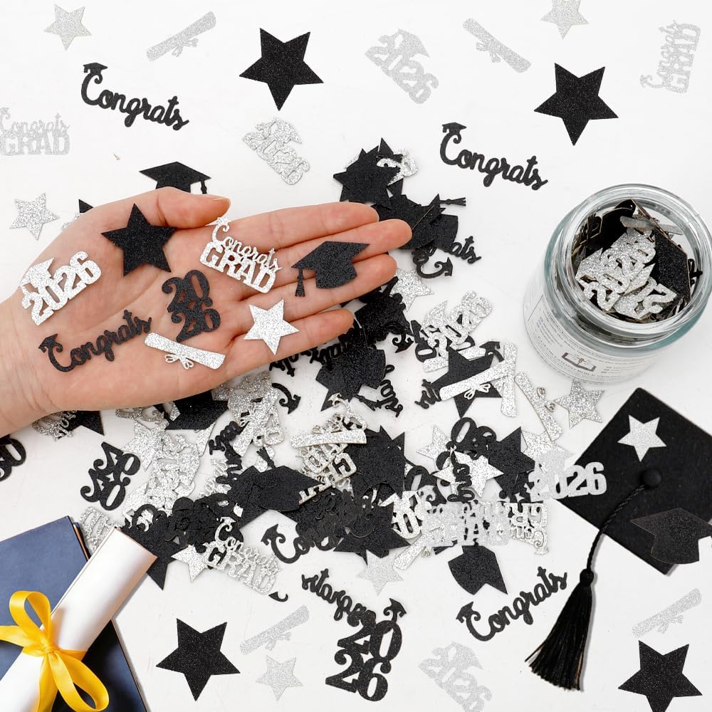 Black Gold Graduation Confetti Class of 2026 Black Graduation Cap, 200Pcs Glitter Stars Confetti Sprinkles, Table Congrats Grad Confetti for Graduation Party Table Decorations