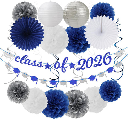 2026 Blue Class-Congratulations Prom Graduation Party-Decorations - 22pcs High School College Grad Supplies Decor,Royal Navy White Silver Tissue Pom Poms Streamers, Paper Flowers Lanterns Hugmoon