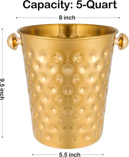 BARsics 5-Quart Metal Golden Champagne Bucket, Hammered Mirror Finish Stainless Steel Ice Bucket for Party, Wedding, Banquet (Gold)