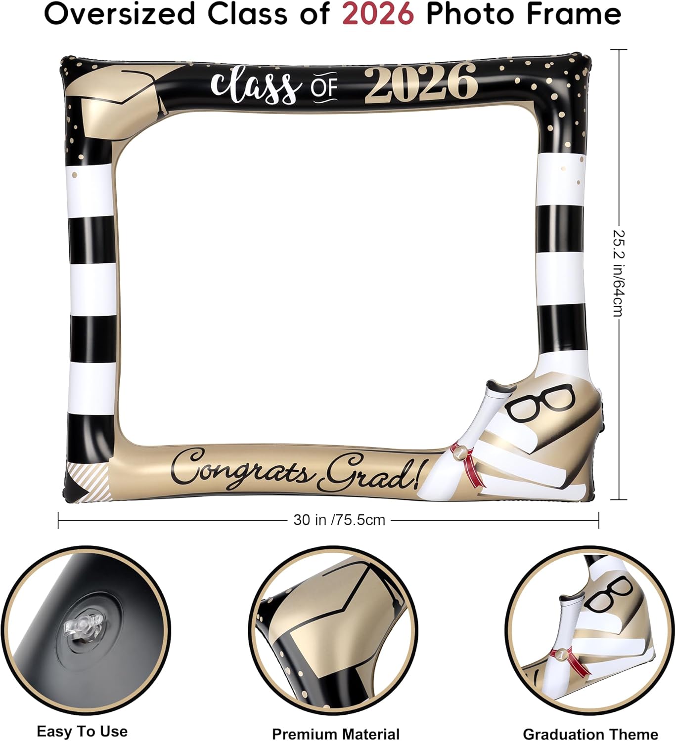 POPGIFTU Class of 2026 Graduation Photo Booth Frame, Inflatable Selfie Frame 31" x 24", Black Gold Congrats Grad Photo Booth Props for Graduation Party Decorations 2026