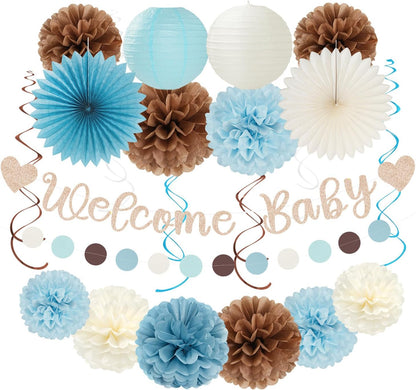 2026 Blue Class-Congratulations Prom Graduation Party-Decorations - 22pcs High School College Grad Supplies Decor,Royal Navy White Silver Tissue Pom Poms Streamers, Paper Flowers Lanterns Hugmoon