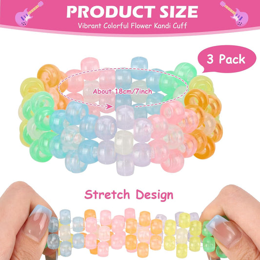 Flower Kandi Bracelets Stretch Rave Candy Bracelets Multi Color Beaded Flower Kandi Cuff Rave Accessories Jewelry Music Party Favor for Women Friends EDM Party Music Festival