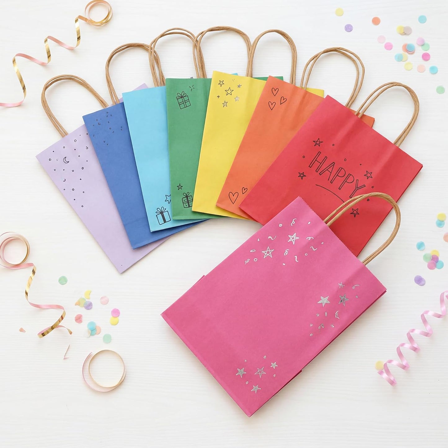 BLEWINDZ 32 Pieces Gift Bags with 32 Tissues, 8 Colors Party Favor Bags with Handles, Rainbow Gift Bag for Wedding, Birthday, Party Supplies and Gifts