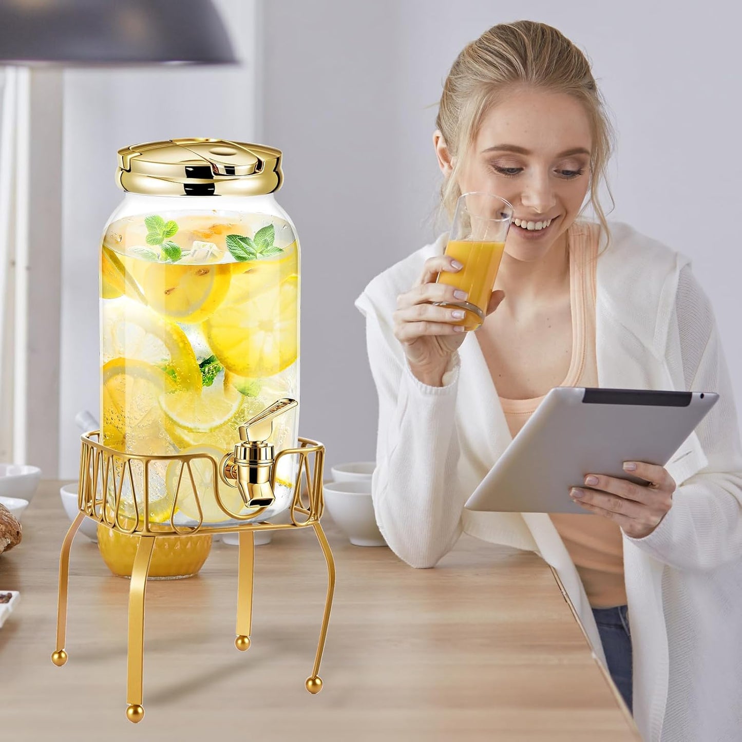 Tanlade 2 Pcs Plastic Drink Dispenser with Stand Beverage Dispenser with Sturdy Metal Base Juice Jar for Parties Lemonade Jar Spigot for Weddings Countertop Water, Each 1 Gallon (Gold)