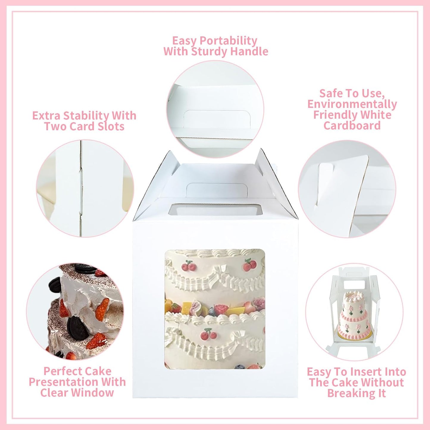 Yeplan 2 Packs Tall Cake Boxes with Cake Board,10x10x12 Inches Large Tiered Cake Carriers with Clear Windows and Handle, Cake Containers for Birthday, Wedding, Party and Festival