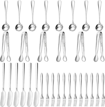 32 Pieces Cheese Butter Spreader Knives Set, Charcuterie Accessories Stainless Steel Cheese Spreader Knives, Mini Serving Tongs, Spoons and Forks for Butter Cheese Jam Appetizer Pastry Making