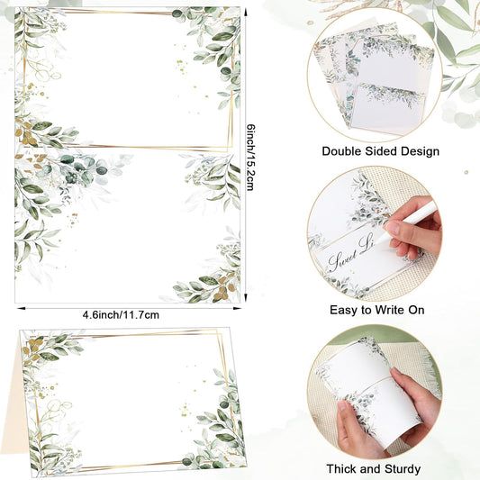 Honoson 48 Pcs Watercolor Greenery Place Cards for Table Setting 4.6 x 3 Inch Blank Fillable Seat Card Eucalyptus Tent Folding Name Card for Weddings, Parties, Banquets