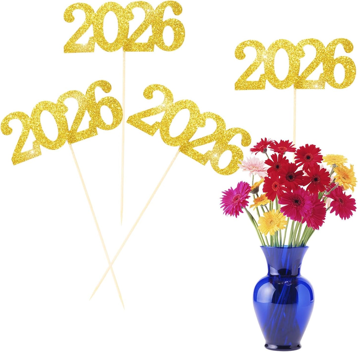12 Pieces Glitter 2026 Centerpiece Sticks Black Double Sided 2026 Graduation Party Sticks 2026 Floral Picks Table Centerpiece Topper for 2026 Graduation New Year Party Decoration Supplies,4.9x9.1"