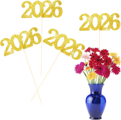 12 Pieces Glitter 2026 Centerpiece Sticks Black Double Sided 2026 Graduation Party Sticks 2026 Floral Picks Table Centerpiece Topper for 2026 Graduation New Year Party Decoration Supplies,4.9x9.1"