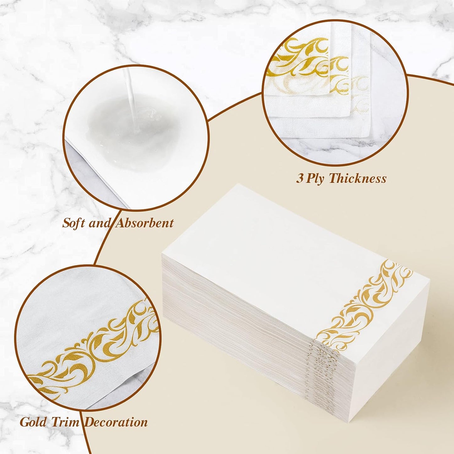 BESTVIP 200 Pack Disposable Paper Napkins, 3-Ply Dinner Napkins with Gold Trim for Guests, Bathroom Paper Hand Towels Soft and Absorbent, Perfect for Kitchen, Dinner, Party, Wedding or Event