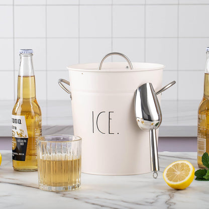 Rae Dunn Ice Bucket with Scoop - Stainless Steel Bucket with Handle, Lid and Ice Scooper - 4 Qt. Storage Bin for Ice Cubes for Bars, Parties, Backyard Barbeques, Picnics, and Camping (Sage)