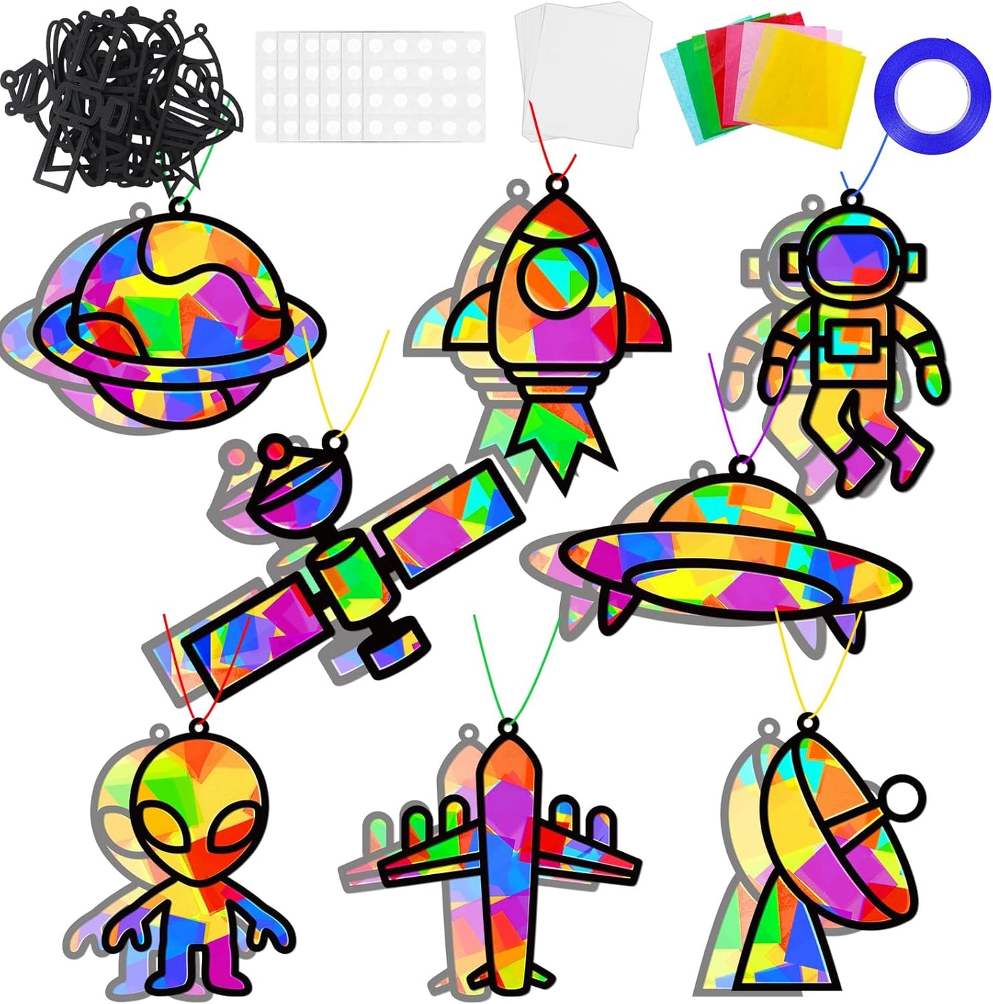 QOUBAI 32 Sets Stars Suncatchers Craft Back to School DIY Stained Glass Window Patriotic 4th of July Paper Craft Home School Classroom Decor Kid Birthday Gift Creative Art Activity Game - Colors A