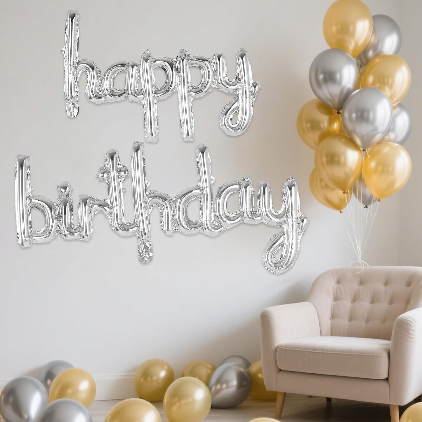 Happy Birthday Balloons Banner Foil Letters Balloons Connected, Personalized Birthday Signs for Women Men Boys Girls Birthday Party Decorations, Small Gold