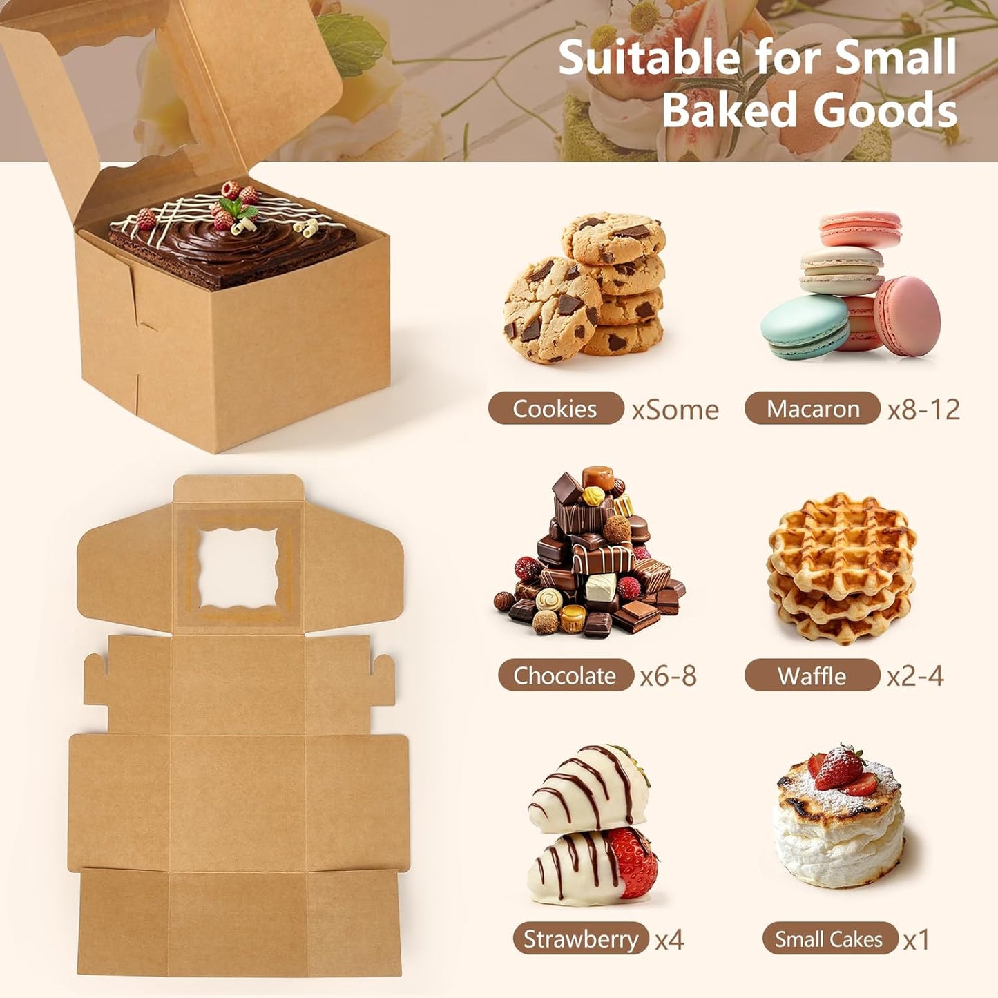 80 Pack Cookie Boxes with Window, 4x4x2.5 Inch Kraft Bakery Boxes for Treats, Desserts, Mini Cakes, Cookies, Pastries, Donuts, Macarons, Strawberries, Chocolate & Gift Giving (Brown, with Stickers)