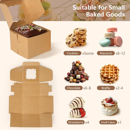 80 Pack Cookie Boxes with Window, 4x4x2.5 Inch Kraft Bakery Boxes for Treats, Desserts, Mini Cakes, Cookies, Pastries, Donuts, Macarons, Strawberries, Chocolate & Gift Giving (Brown, with Stickers)