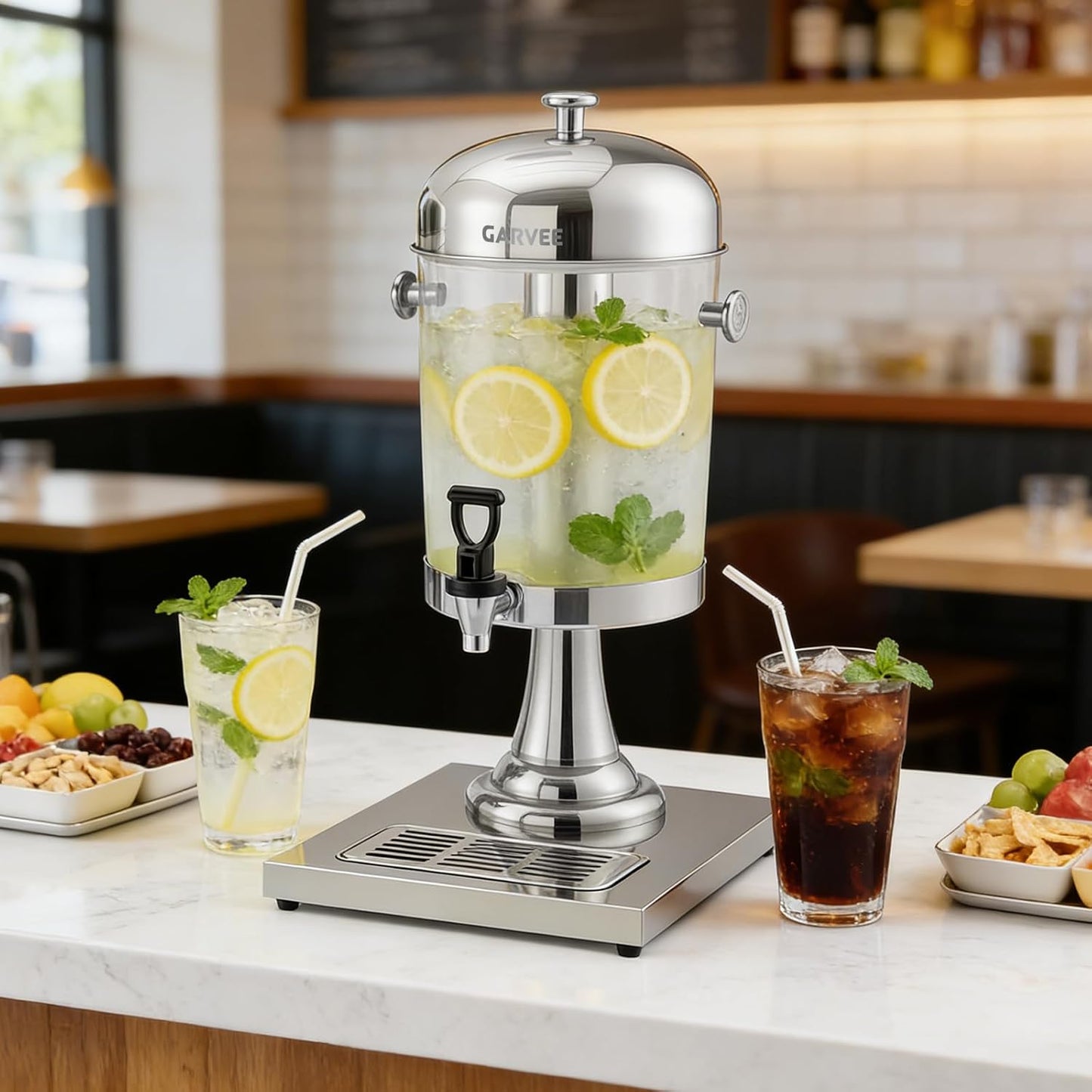 GarveeHome 2.2 Gallon Beverage Dispenser with Ice Core, Stainless Steel Cold Drink Dispenser with Stand, Spigot & Drip Tray for Lemonade, Iced Tea, Juice, Parties, Weddings & Events