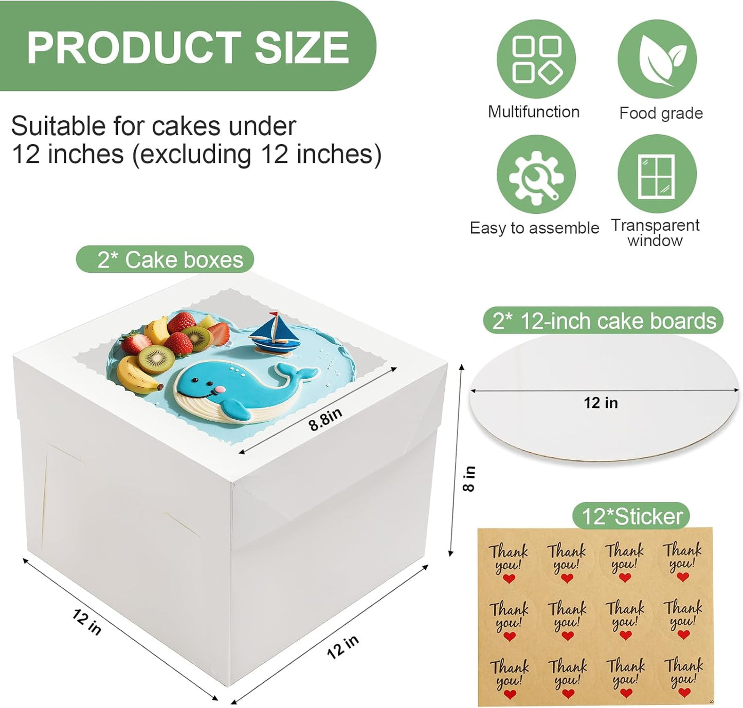 2 Pack Cake Boxes, 12x12x8 Inches Tall Cake Box with Cake Boards, White Bakery Boxes with Large Window, Disposable Cakes Transport Containers with Lids, for Cookies, Pies, Wedding, Birthday