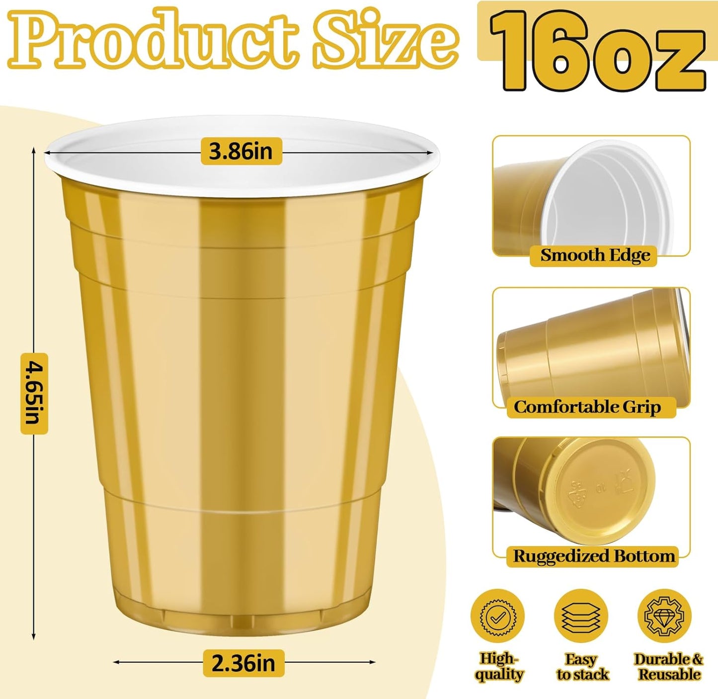 GGOLDMER 50 Pack 16oz Plastic Party Cups - Black and Gold Disposable Plastic Cups Graduation Cup for Cold Drinks, Halloween, Party, Weddings, Birthdays, Picnic, Holiday
