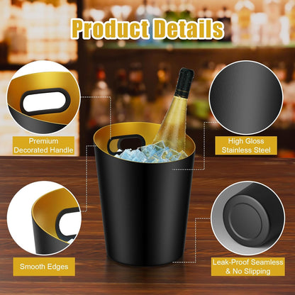 MorningRo 2 Pcs 5 Quart Black Champagne Ice Bucket 4.7 L Metal Doublewall Hammered Stainless Steel Wine Beer Chiller Home Bar Accessories for Football Sports Wedding Party Summer BBQ (Beveled Mouth)