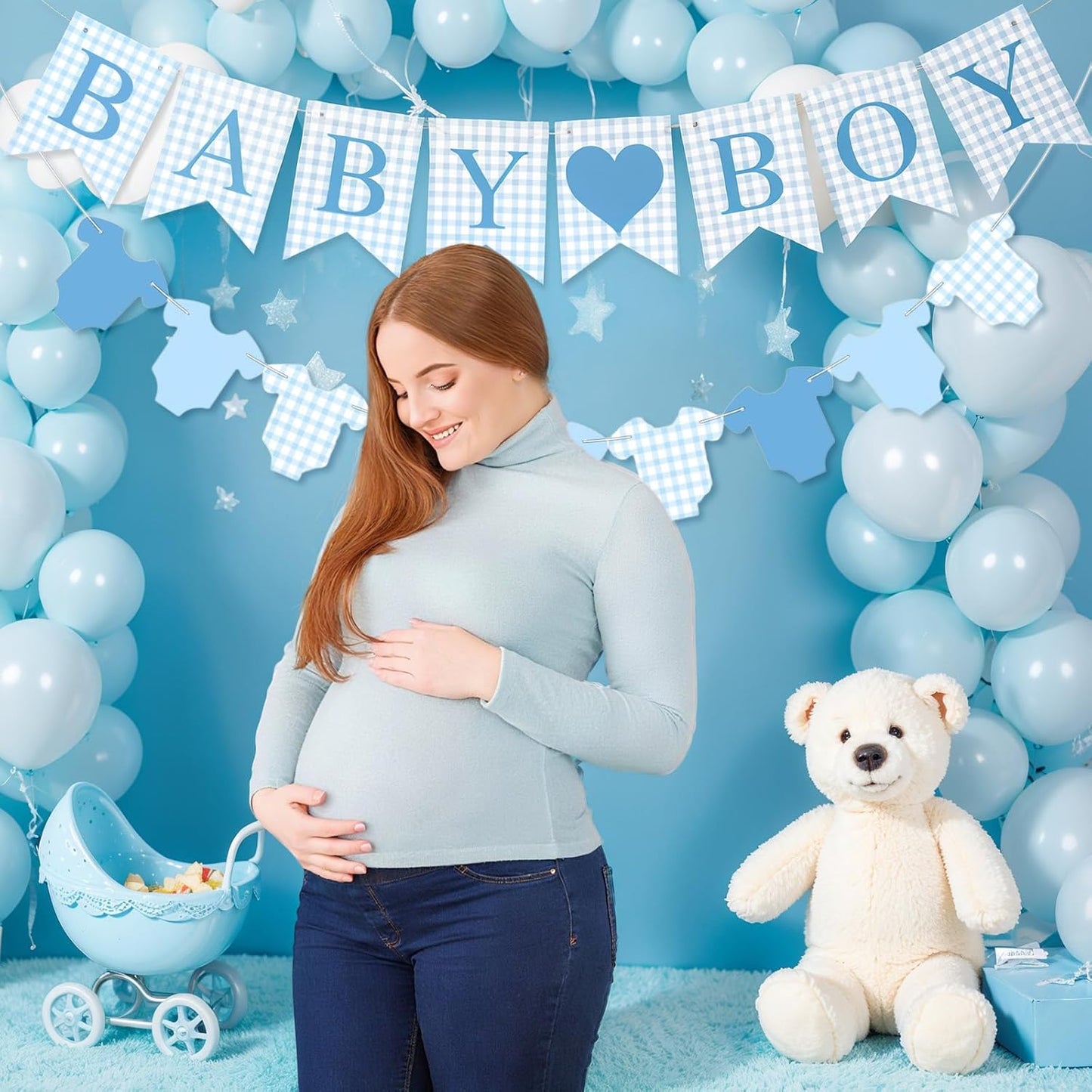 Hahafelt 1 Pcs Blue Gingham Welcome Baby Boy Banner for Baby Shower Party Decorations Pre Strung Gender Reveal Paper Banner for Table, Wall, Mantel Display Party Decor Supplies