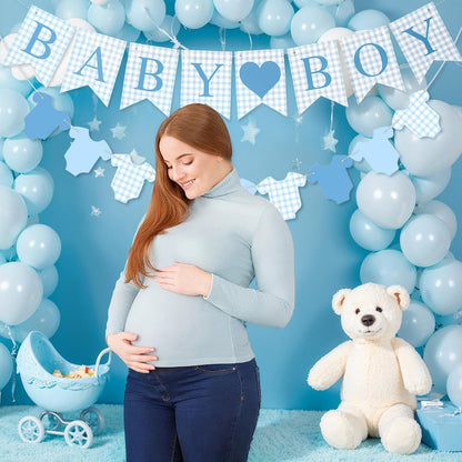 Hahafelt 1 Pcs Blue Gingham Welcome Baby Boy Banner for Baby Shower Party Decorations Pre Strung Gender Reveal Paper Banner for Table, Wall, Mantel Display Party Decor Supplies