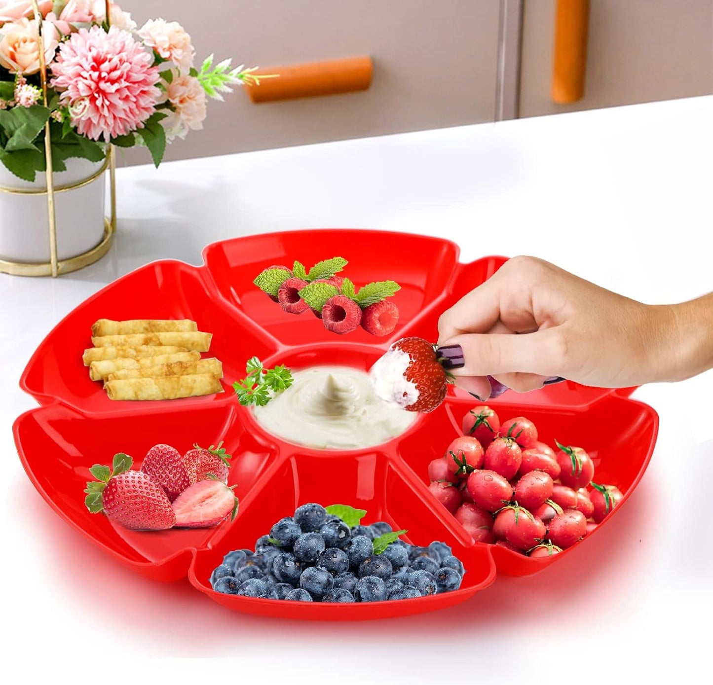 AVLA 12 Pcs Plastic Snack Serving Tray, 12 Inch Unbreakable Chip and Dip Divided Serving Plates, Round 7 Compartments Multifunctional Food Platter for Snack, Nuts, Candy, Dried Fruit, Veggies