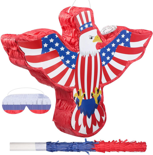 Hicarer Patriotic Piñata with Red White Blue Piñata Stick Blindfold and Pentagram for Adult Memorial Day 4th of July Independence Day Patriotic Party Decorations Supplies(Eagle)