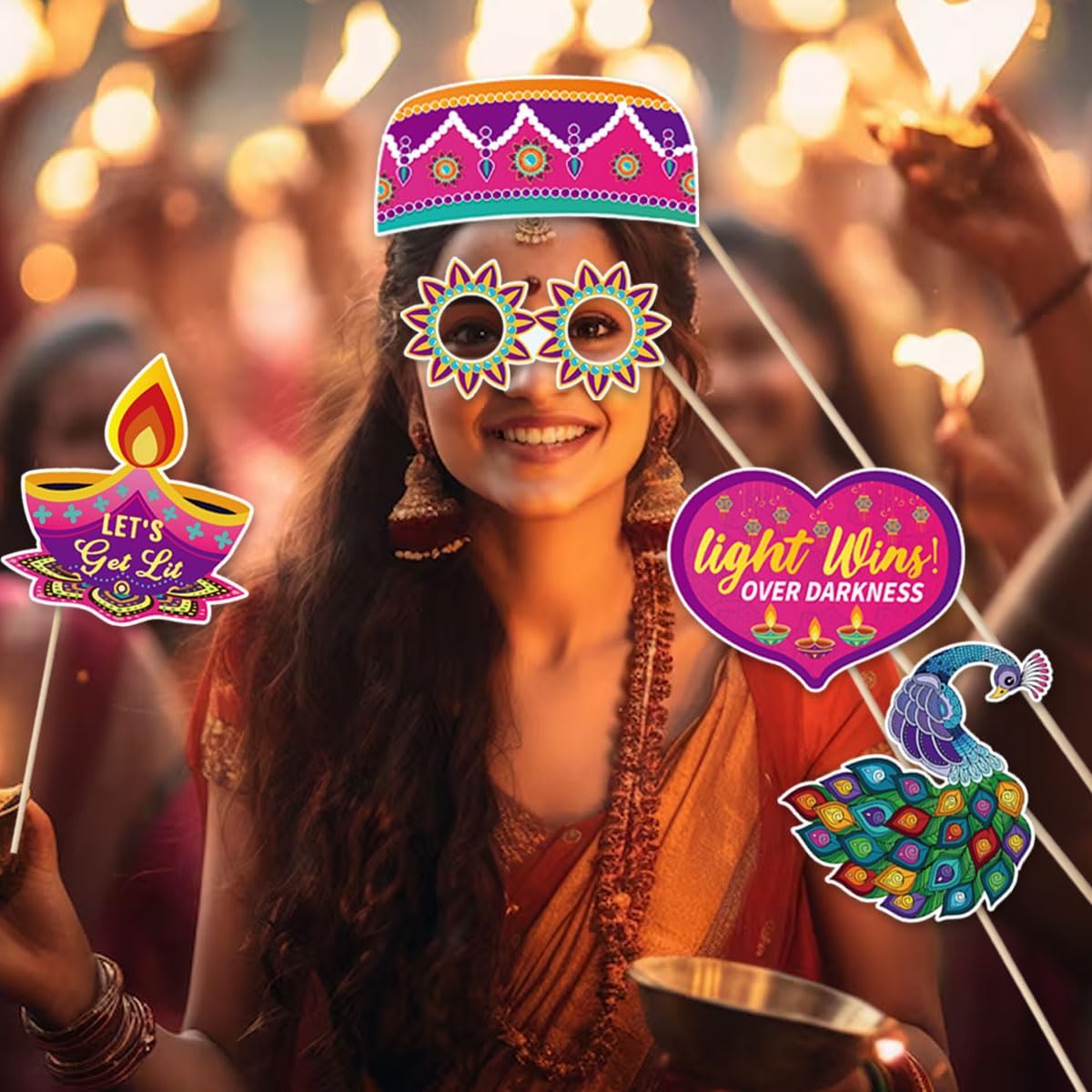 KYMY Happy Diwali Party Photo Booth Props Set, 1pc Deepavali Rangoli Selfie Frame with 20pcs Photo Booth Props, India Festival of Lights Party Favors for Hindu Diwali Themed Decorations Supplies