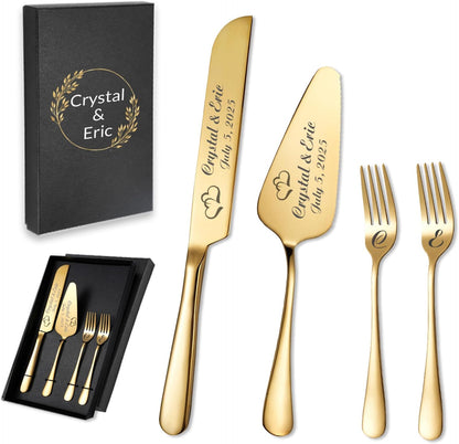 Personalized Wedding Cake Knife and Server Set, Wedding Gold Cake Cutting Set with Stainless Steel Forks, Customized Bridal Anniversary Birthday Wedding Registry Gifts for Couple (Non-customized)
