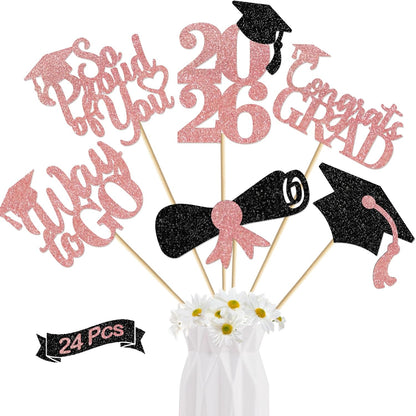 24Pcs Graduation Centerpieces for Tables: 2026 Graduation Centerpiece Sticks Class of 2026 for Grad Table Decorations Congrats Decorations (Black)