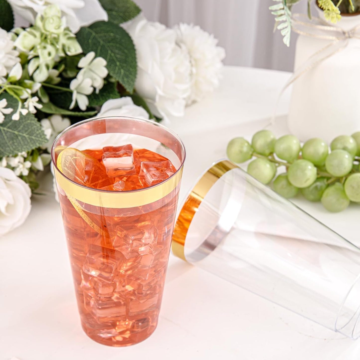I00000 100 Pack 12 oz Gold Plastic Cups, Gold Rimmed Disposable Cups, Disposable Wine Glasses Cocktail Glasses Premium Cup with Golden Rim, 12 Ounce Plastic Tumblers for Party & Wedding
