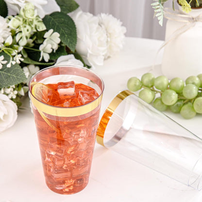 I00000 100 Pack 12 oz Gold Plastic Cups, Gold Rimmed Disposable Cups, Disposable Wine Glasses Cocktail Glasses Premium Cup with Golden Rim, 12 Ounce Plastic Tumblers for Party & Wedding