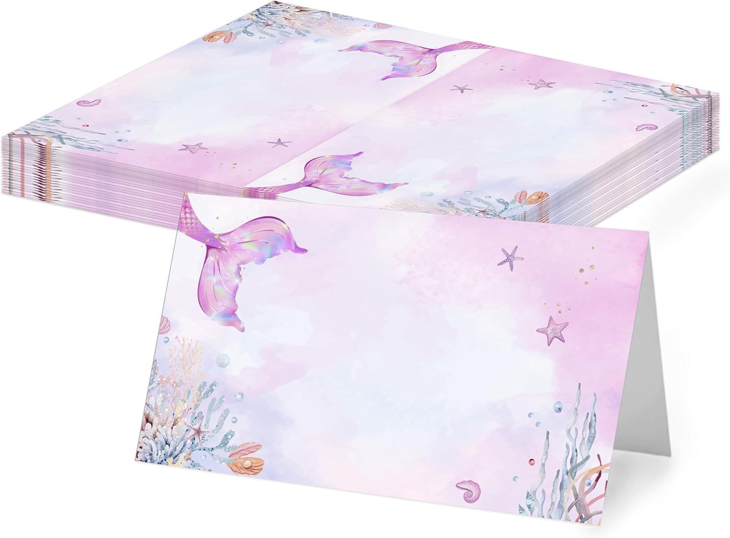 Mermaid Place Cards for Table Setting, 2 x 3.5" Escort Cards, 25 Under The Sea Tent Cards Food Label for Dinner Party, Wedding, Bridal Shower, Baby Shower, Birthday Party Supplies