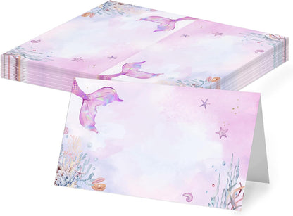 Mermaid Place Cards for Table Setting, 2 x 3.5" Escort Cards, 25 Under The Sea Tent Cards Food Label for Dinner Party, Wedding, Bridal Shower, Baby Shower, Birthday Party Supplies