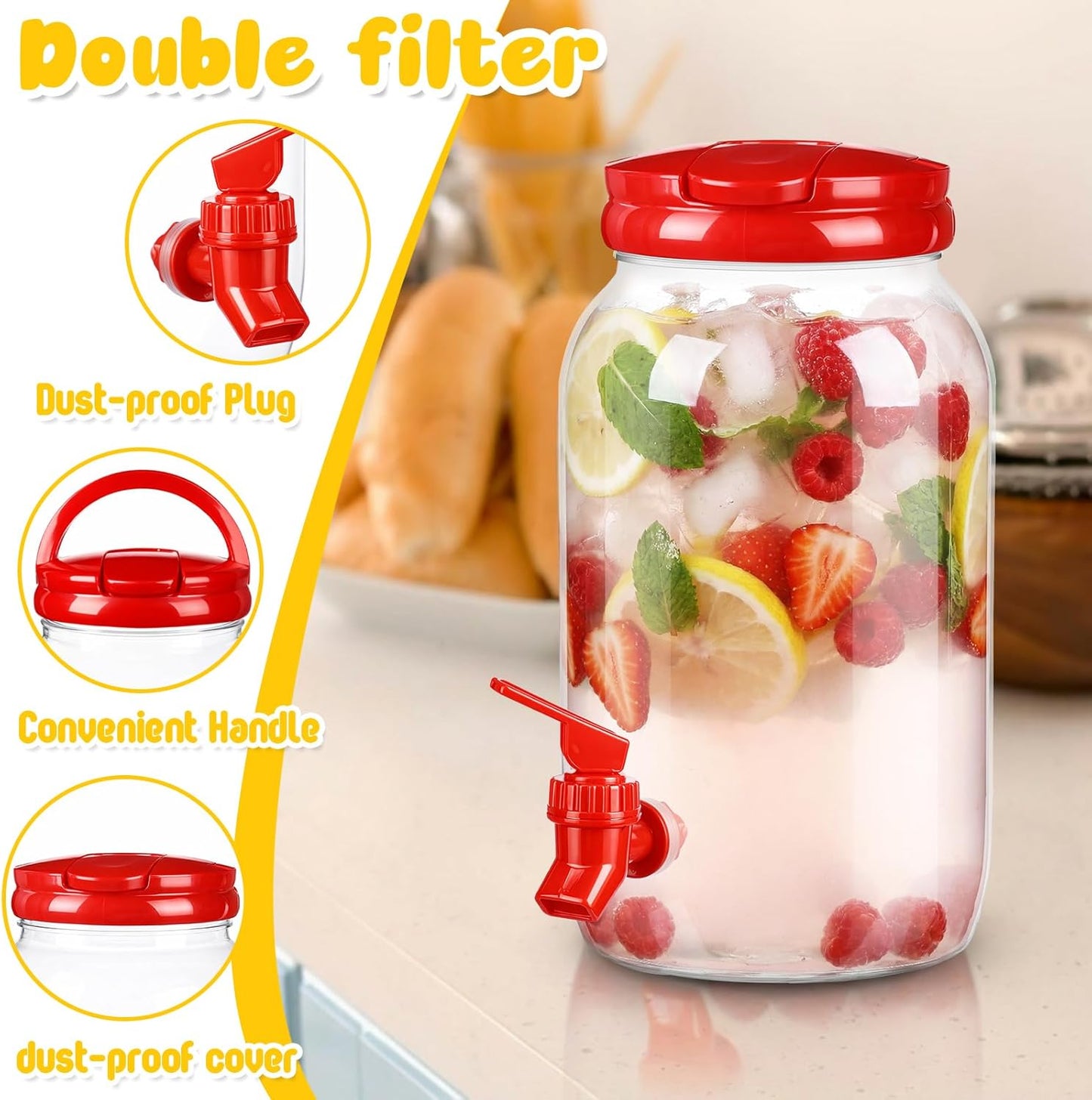 Havawish 2 Pcs 1 Gallon Plastic Beverage Dispenser with Spigot Clear Summer Kitchen Fridge Drink Dispenser for Parties Lemonade Juice Tea Beer Cold Water (Red,Cylinder)