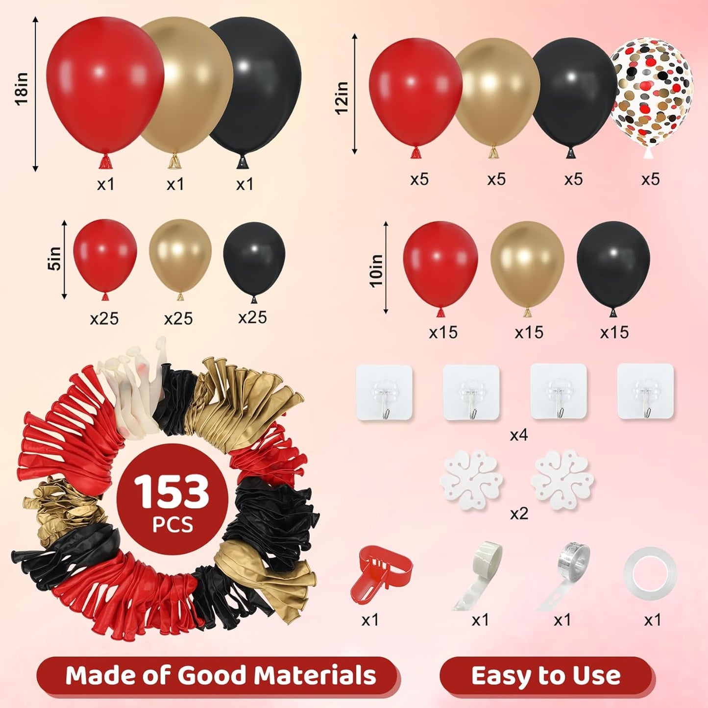 Amandir 153pcs Pink Purple Balloon Garland Arch Kit, Different Sizes 18 12 10 5 inch Pink Purple Red Latex Metallic Confetti Purple Balloons for Girl Women Birthday Bridal Baby Shower Party Decoration