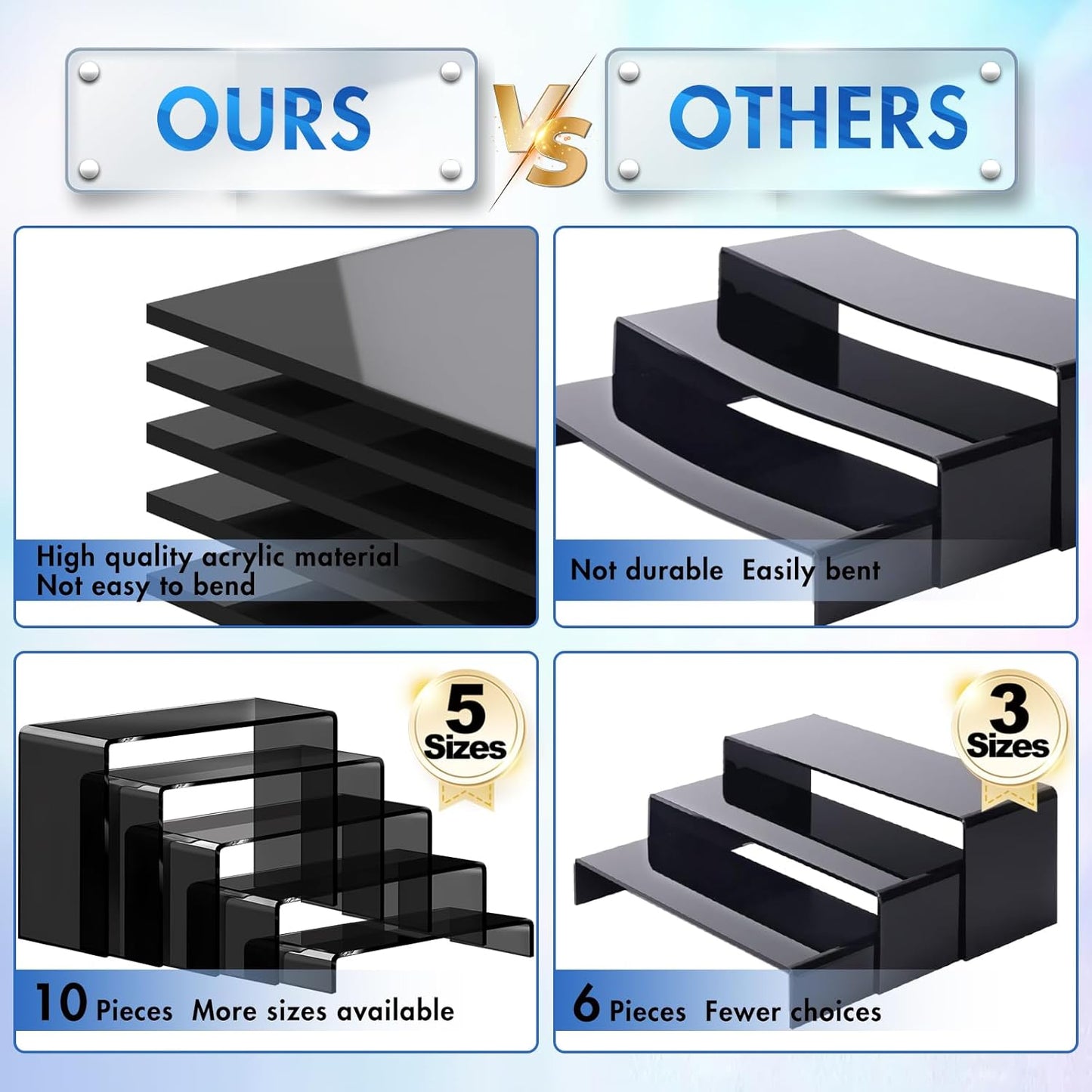 Aheroi Large Acrylic Risers, 10 Pcs 2 Set(7”L~8”L~9”L) Riser Display Shelf, Clear Rectangular Display Stands Set, Transparent Shelves for Decor, Showcase Holder for Cupcake